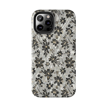 Floral Vintage Tough Phone Case — Black & Gray Rustic Flower Protective Case