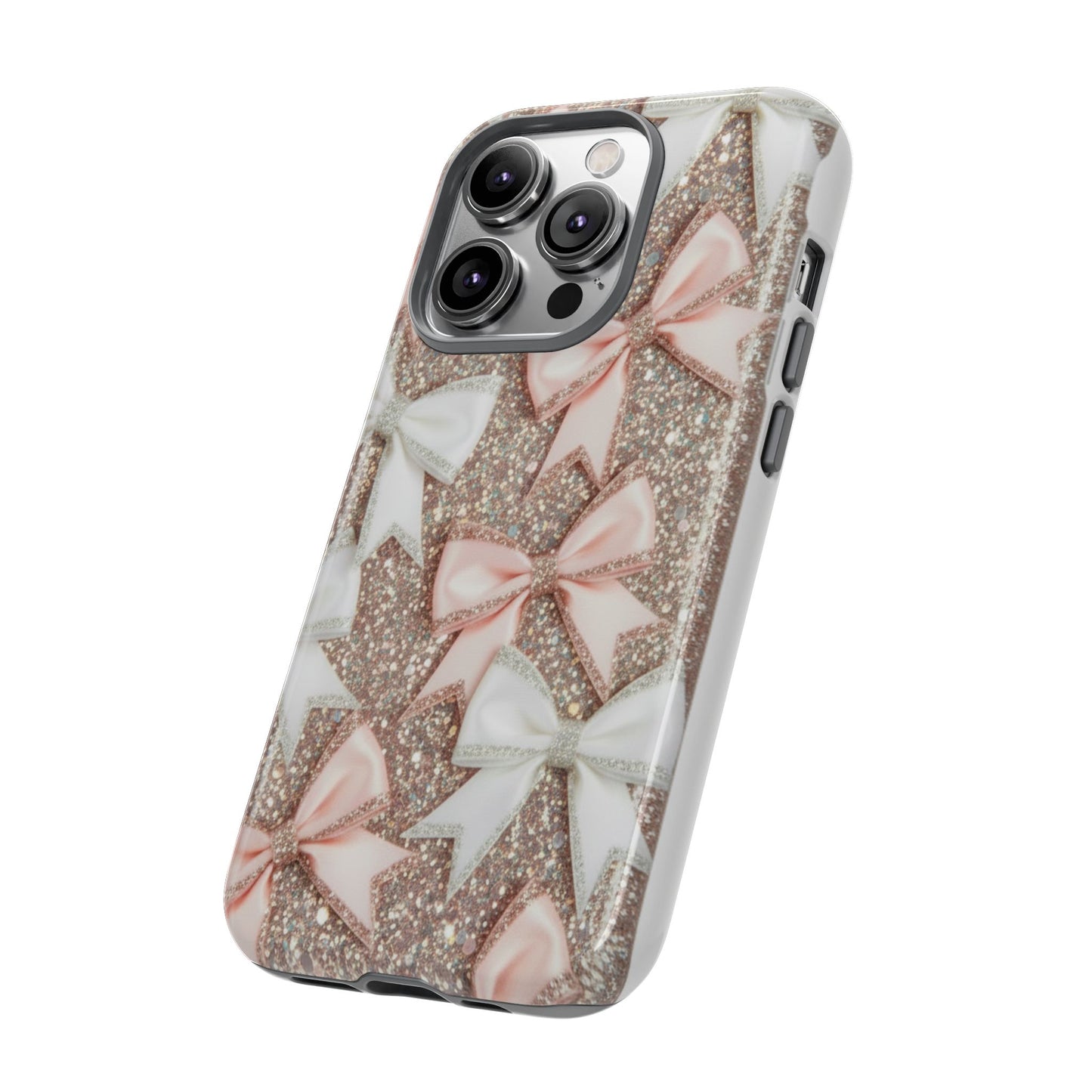 Glitter Bow Tough Phone Case — Pink & White Ribbon Protective Cover