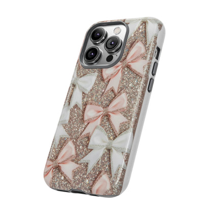Glitter Bow Tough Phone Case — Pink & White Ribbon Protective Cover