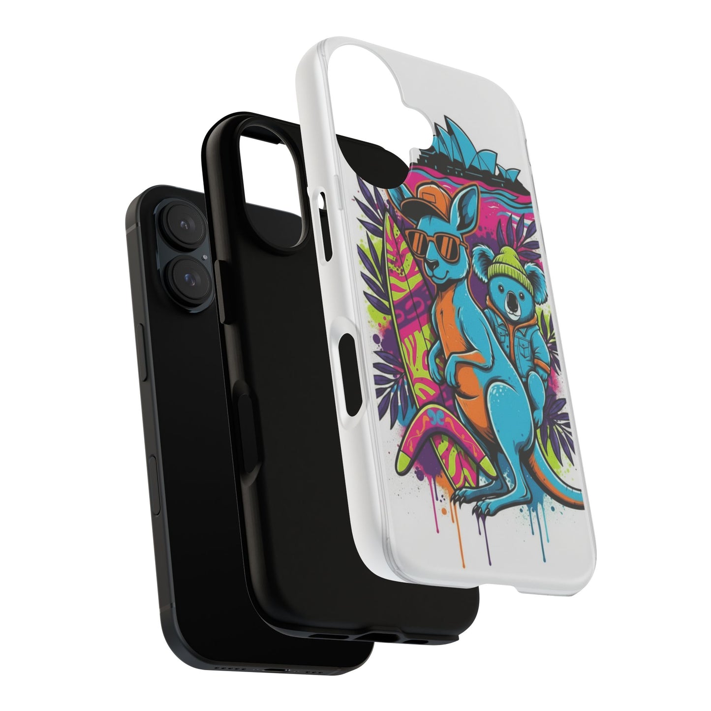 Kangaroo & Koala Surf Phone Case — Retro Neon Beach Art Tough Case