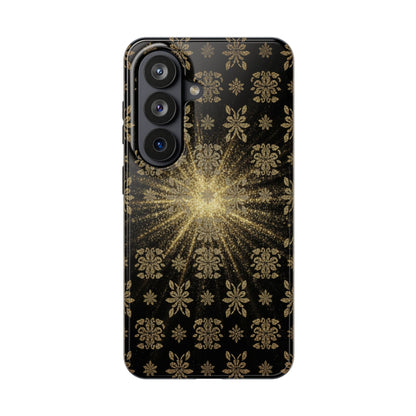 Glitter Burst Tough Phone Case — Black & Gold Floral Protective Cover