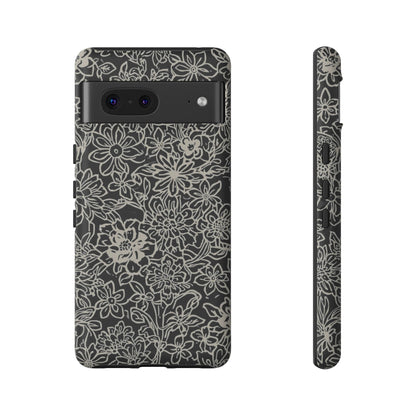 Floral Doodle Tough Phone Case — Black & White Sketch Flower Protective Cover