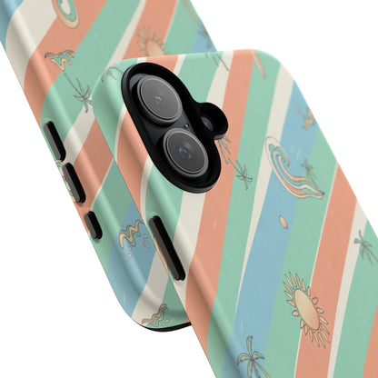 Retro Beach Stripes Phone Case — Sun, Waves & Palm Pattern Tough Case