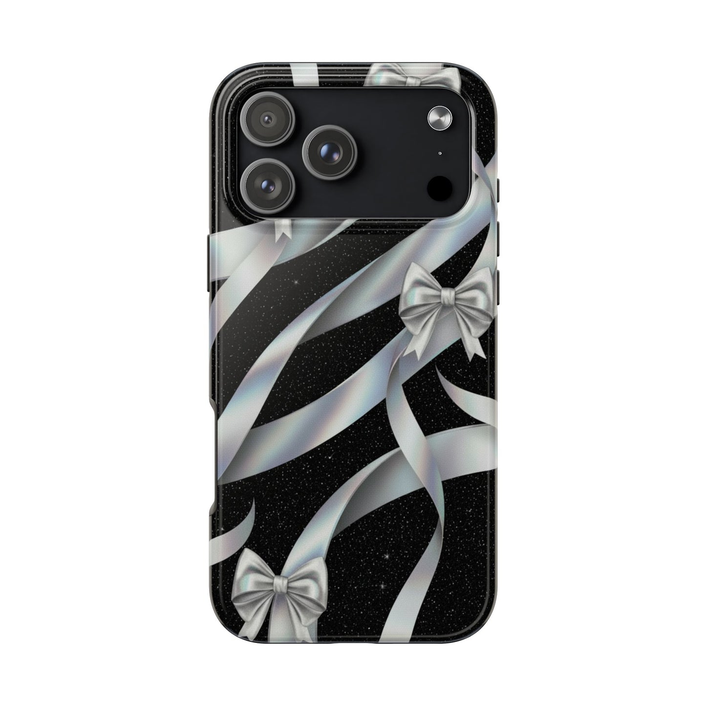 Silver Ribbon Bow Tough Phone Case — Glitter Black Protective Phone Case
