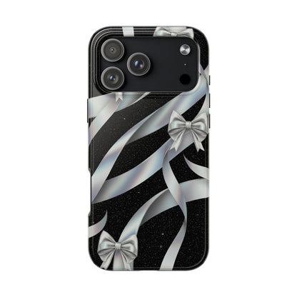 Silver Ribbon Bow Tough Phone Case — Glitter Black Protective Phone Case