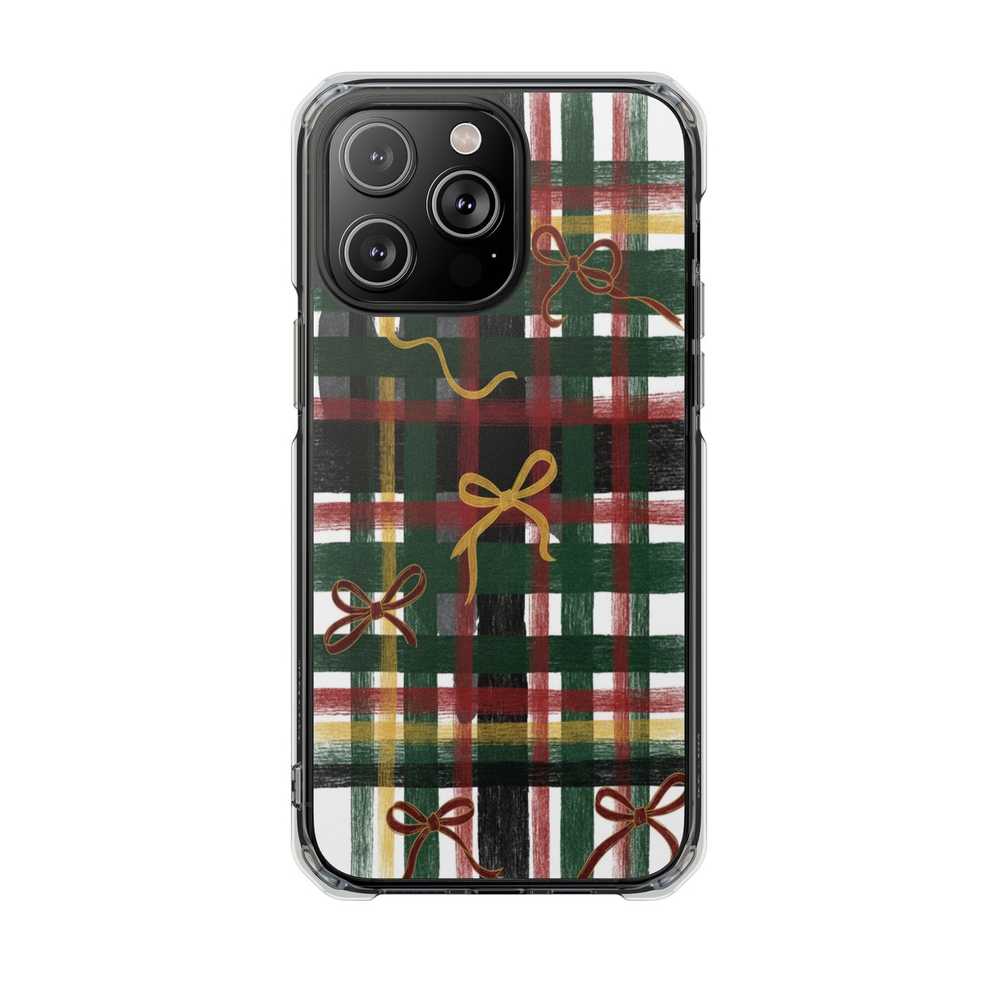 Phone Case - Festive Plaid with Gold Bows Clear Magnetic Impact Case
