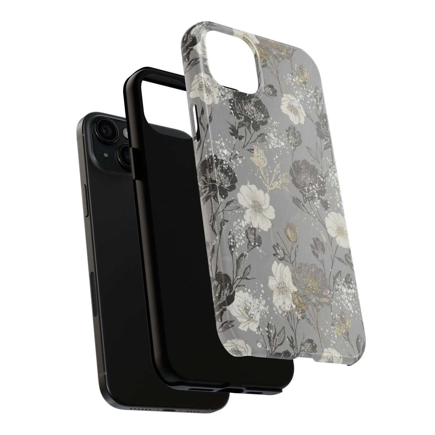 Floral Gray Tough Phone Case — Elegant Protective Phone Cover with Gold Accent