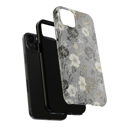 Floral Gray Tough Phone Case — Elegant Protective Phone Cover with Gold Accent