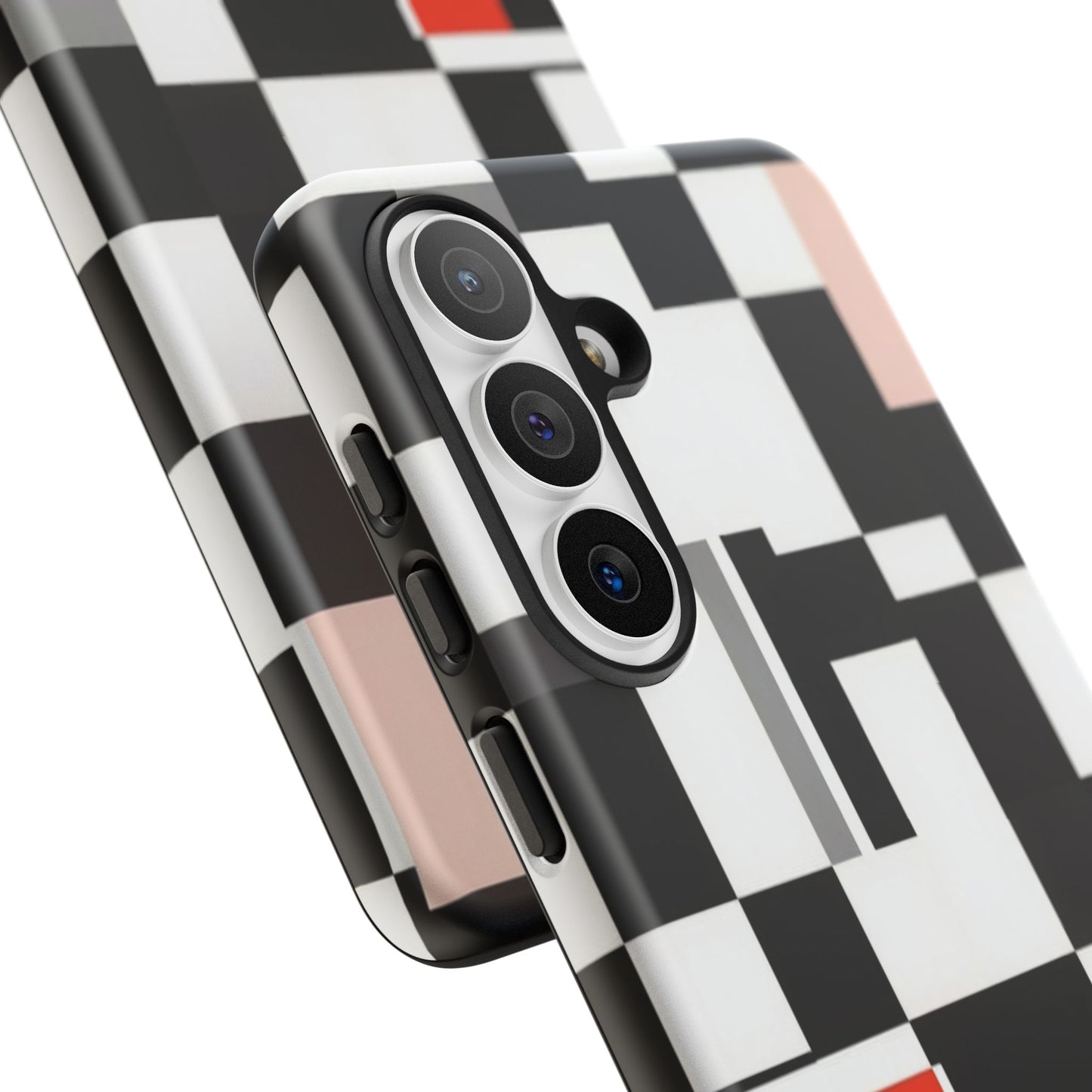 Abstract Geometric Phone Case – Black & White Checker Grid with Red Accent