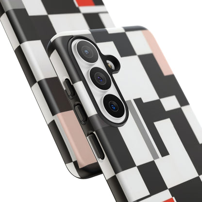 Abstract Geometric Phone Case – Black & White Checker Grid with Red Accent