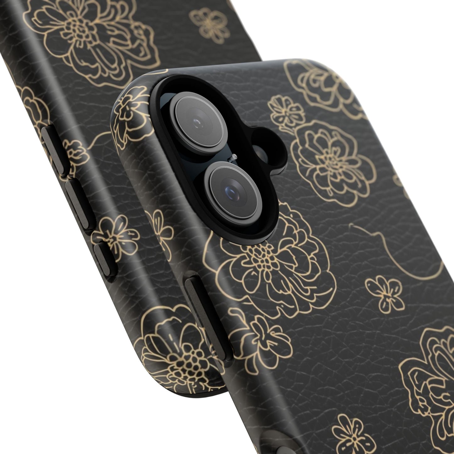 Floral Leather-Texture Tough Case – Black Gold Outline Phone Cover