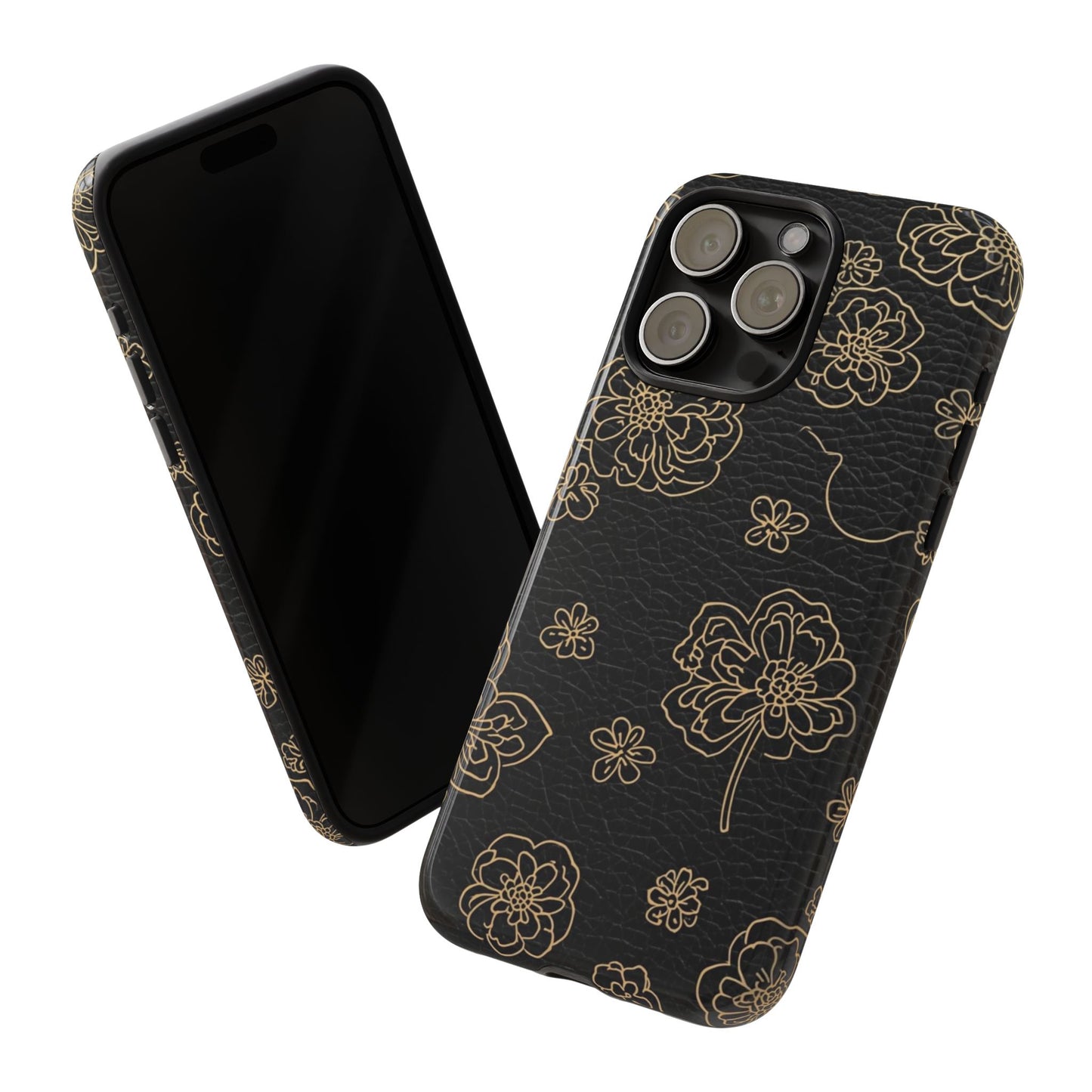 Floral Leather-Texture Tough Case – Black Gold Outline Phone Cover