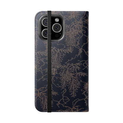 Botanical Noir Flip Phone Case — Dark Floral Wallet Cover with Card Slots