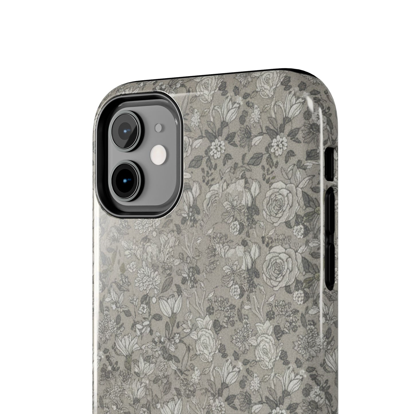 Gray Floral Tough Phone Case — Durable Protective Phone Cover with Vintage Botanical Pattern