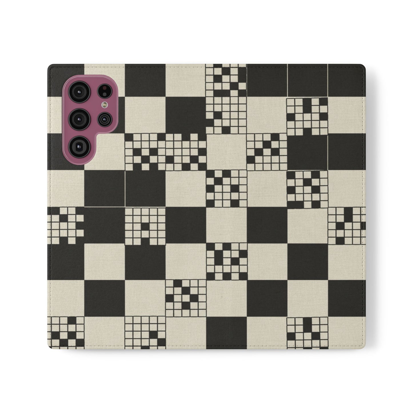 Checkerboard Flip Phone Case – Retro Black & Cream Geometric Wallet Case