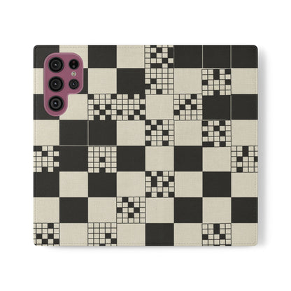 Checkerboard Flip Phone Case – Retro Black & Cream Geometric Wallet Case
