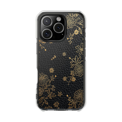 Clear Impact Phone Case — Black Leather Texture with Gold Floral Foil
