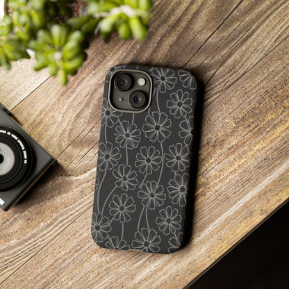Floral Doodle Tough Phone Case — Black & Gray Daisy Pattern