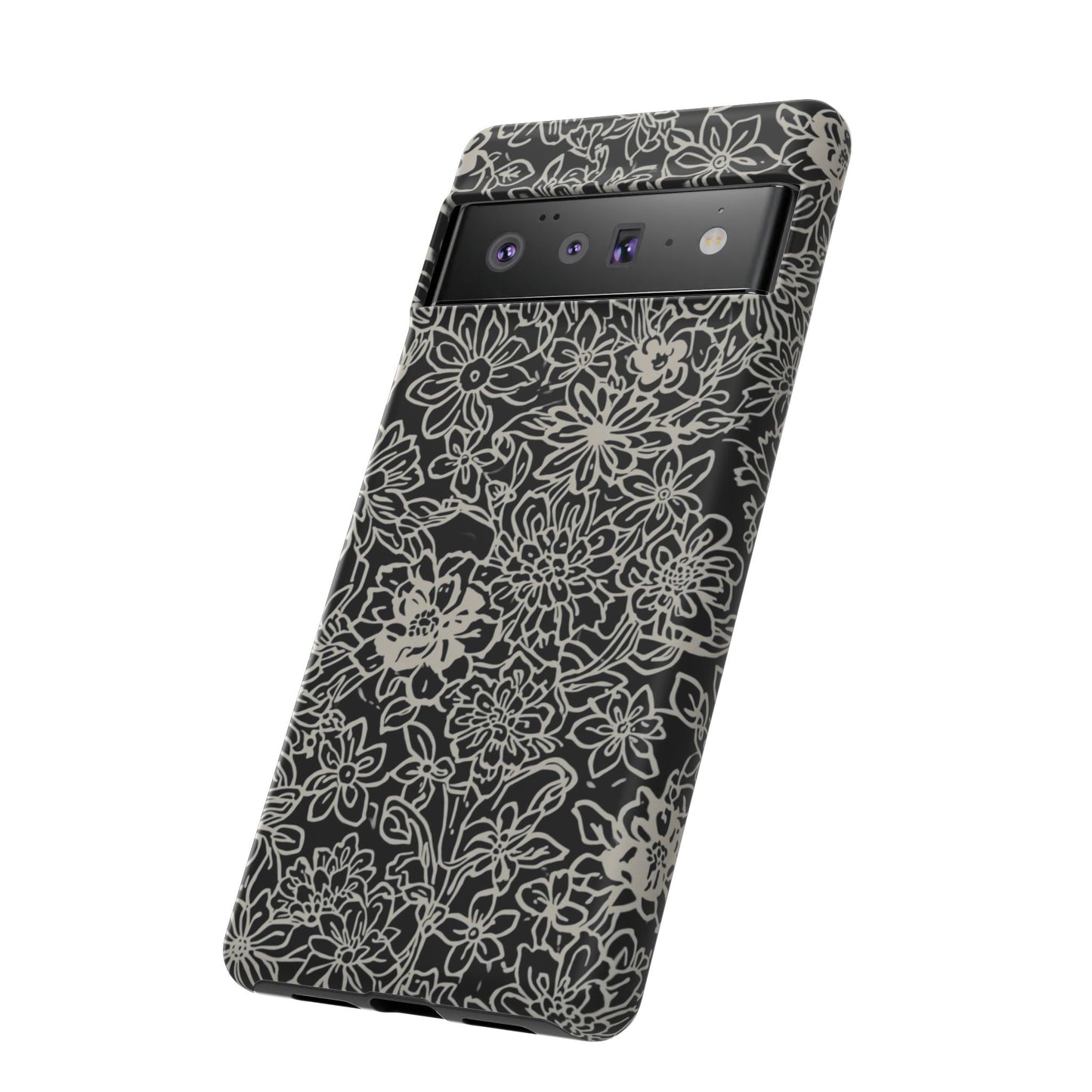 Floral Doodle Tough Phone Case — Black & White Sketch Flower Protective Cover