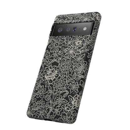 Floral Doodle Tough Phone Case — Black & White Sketch Flower Protective Cover