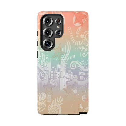 Tough Cases: Pastel Beach Pattern Phone Case — Starfish & Coastal Cityscape Protective Cover