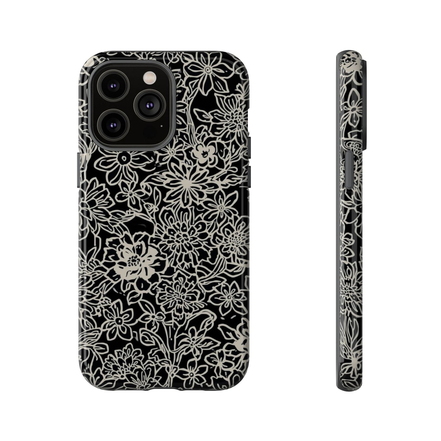 Floral Doodle Tough Phone Case — Black & White Sketch Flower Protective Cover