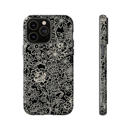 Floral Doodle Tough Phone Case — Black & White Sketch Flower Protective Cover