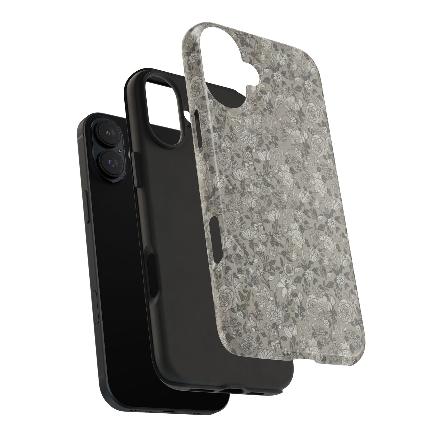 Gray Floral Tough Phone Case — Durable Protective Phone Cover with Vintage Botanical Pattern