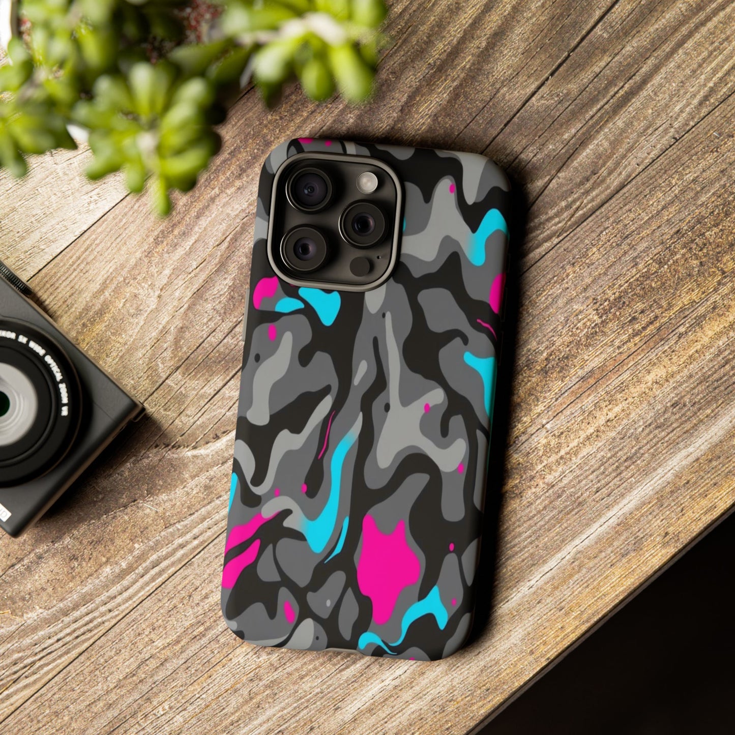 Camouflage Phone Case — Gray Camo with Neon Pink & Cyan Accent Tough Protective Cover