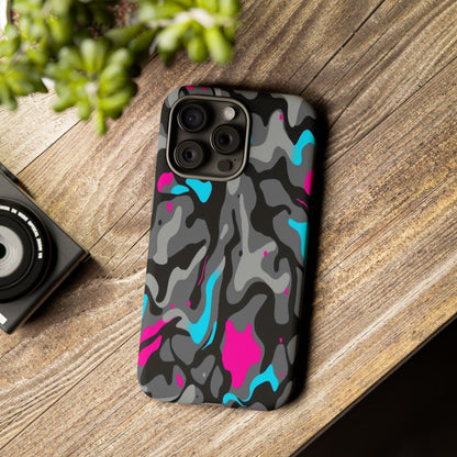 Camouflage Phone Case — Gray Camo with Neon Pink & Cyan Accent Tough Protective Cover