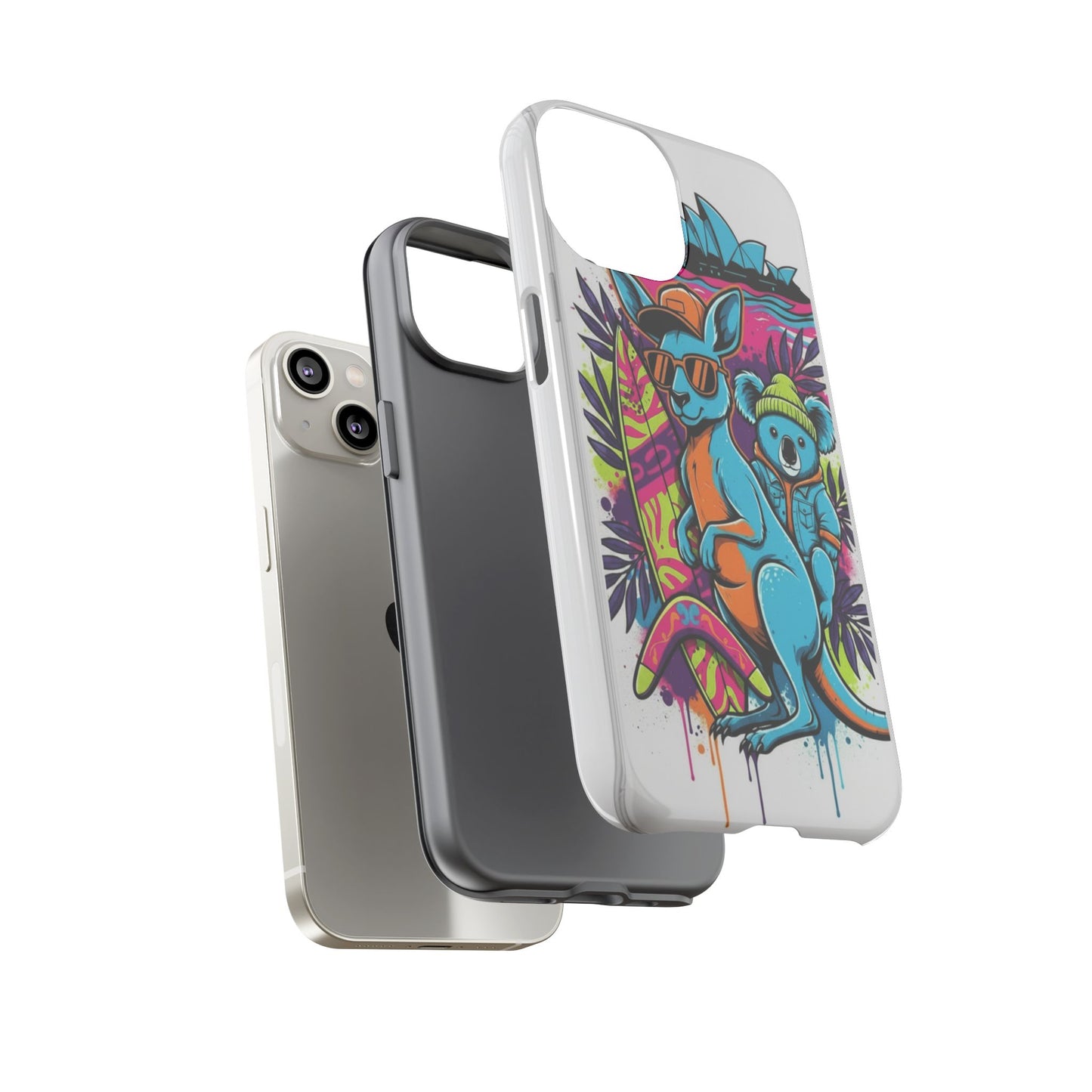 Kangaroo & Koala Surf Phone Case — Retro Neon Beach Art Tough Case