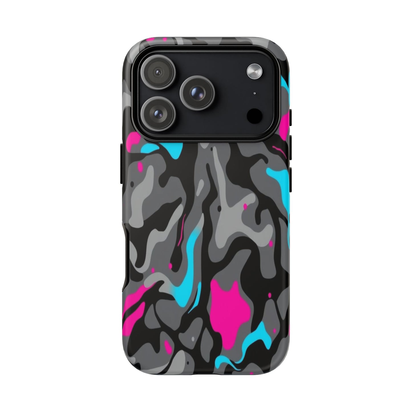 Camouflage Phone Case — Gray Camo with Neon Pink & Cyan Accent Tough Protective Cover