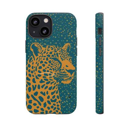 Leopard Print Tough Phone Case — Gold Panther on Teal, Protective iPhone Cover