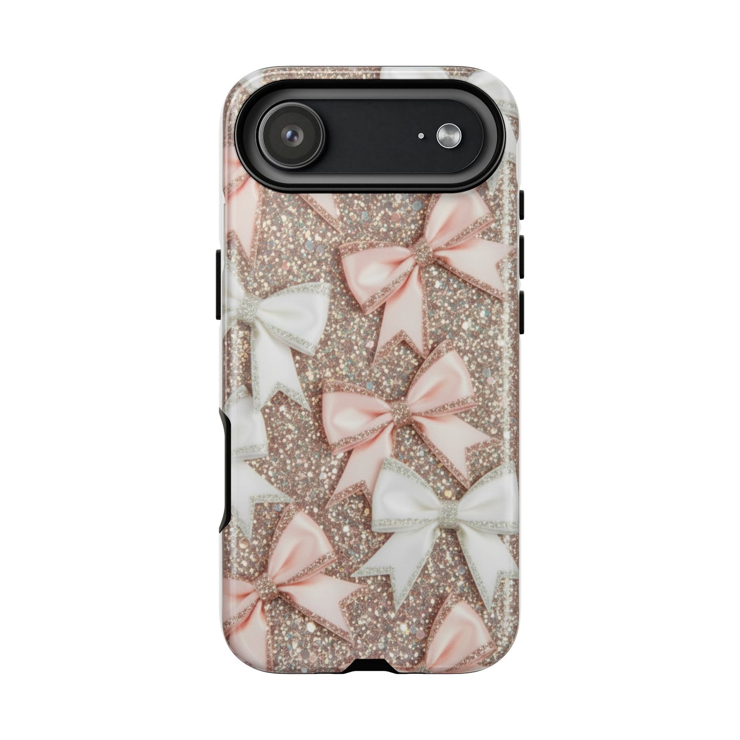 Glitter Bow Tough Phone Case — Pink & White Ribbon Protective Cover