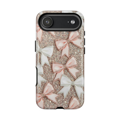 Glitter Bow Tough Phone Case — Pink & White Ribbon Protective Cover