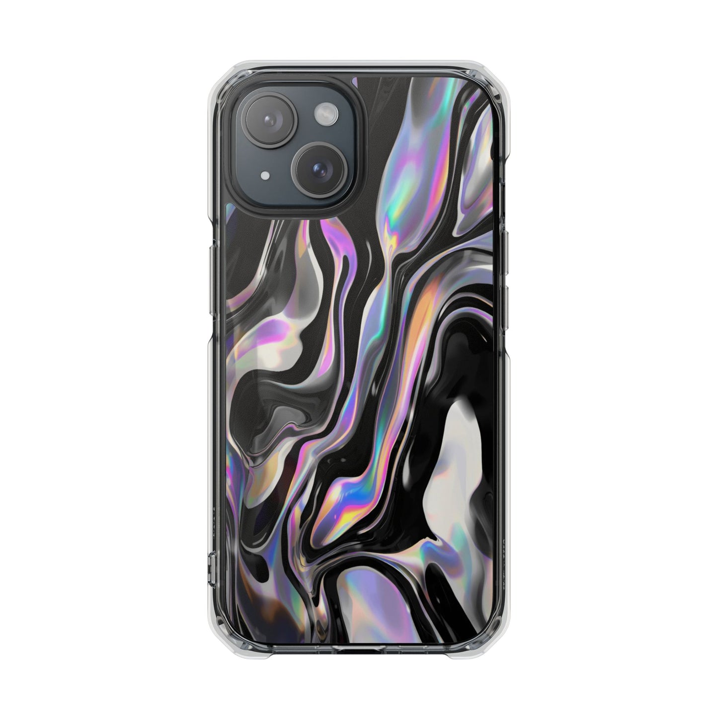 Magnetic Clear Impact Phone Case — Iridescent Black Marble Design