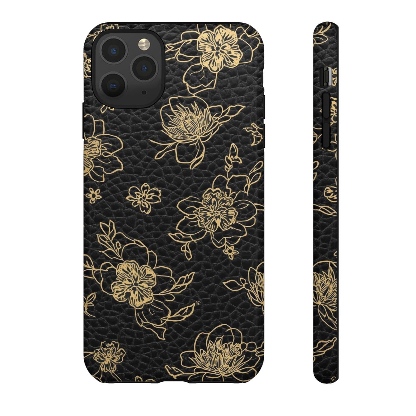Floral Leather Phone Case — Gold Outline Flowers on Black Tough Case