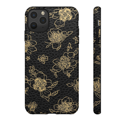 Floral Leather Phone Case — Gold Outline Flowers on Black Tough Case