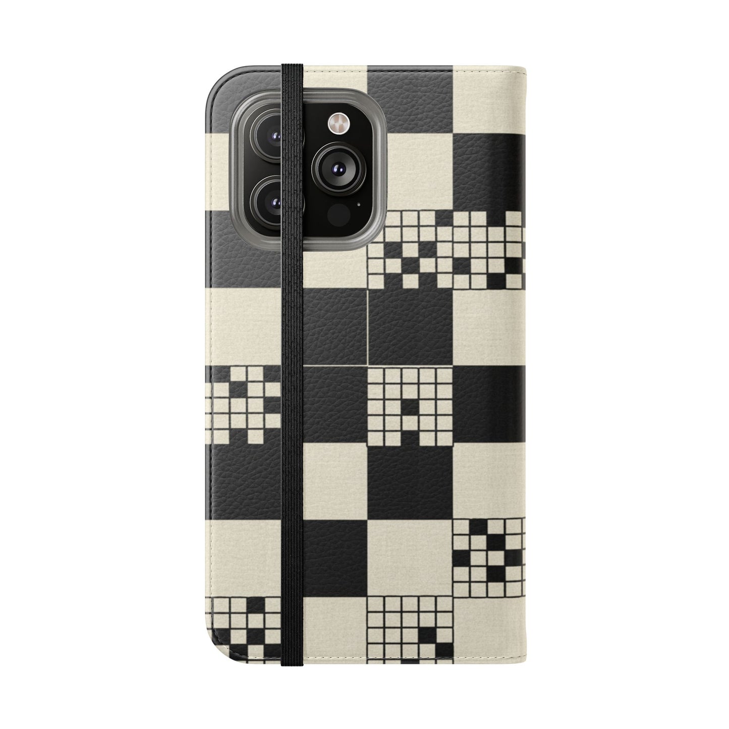 Checkerboard Flip Phone Case – Retro Black & Cream Geometric Wallet Case