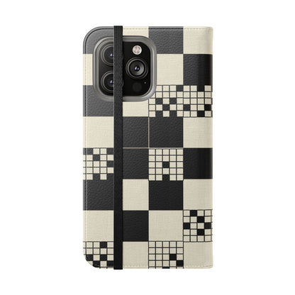 Checkerboard Flip Phone Case – Retro Black & Cream Geometric Wallet Case