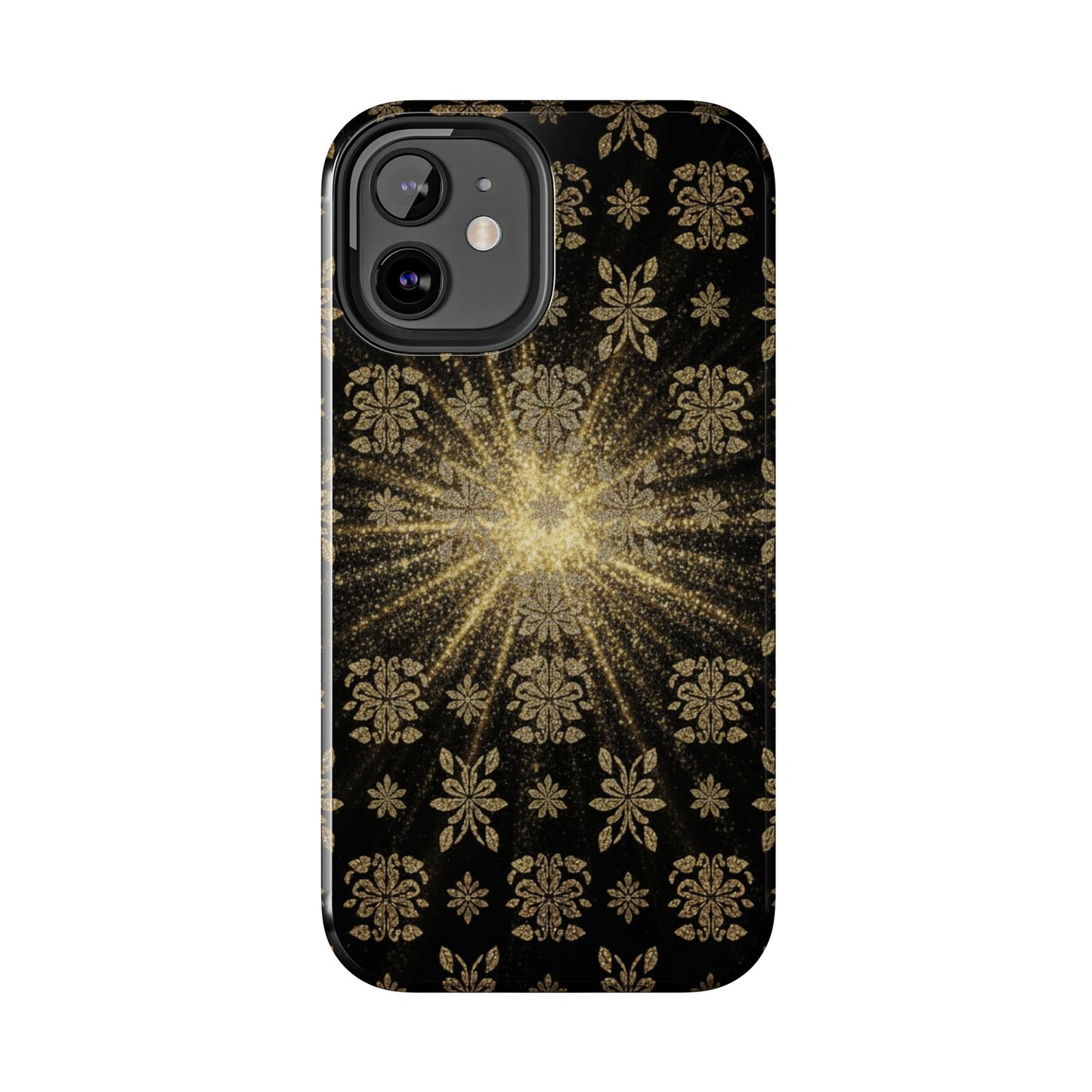 Glitter Burst Tough Phone Case — Black & Gold Floral Protective Cover