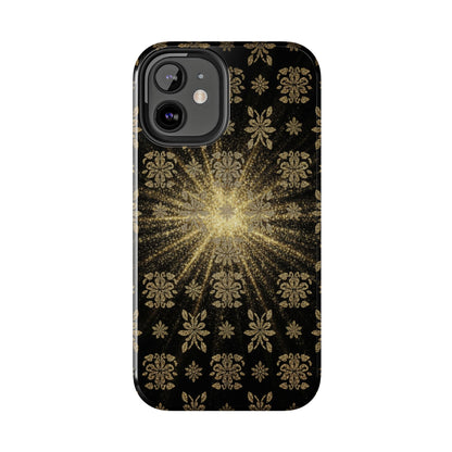 Glitter Burst Tough Phone Case — Black & Gold Floral Protective Cover