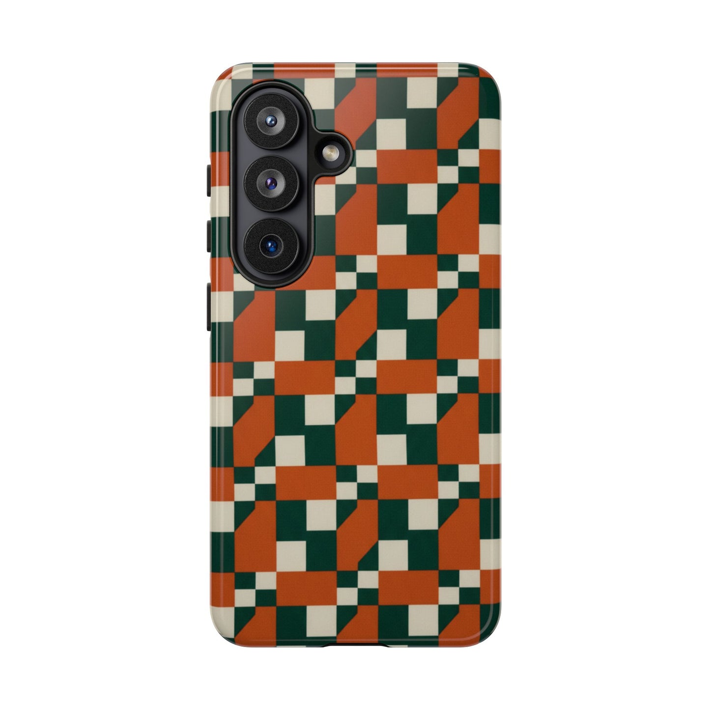 Geometric Checkerboard Phone Case — Retro Orange & Forest Green Tough Case