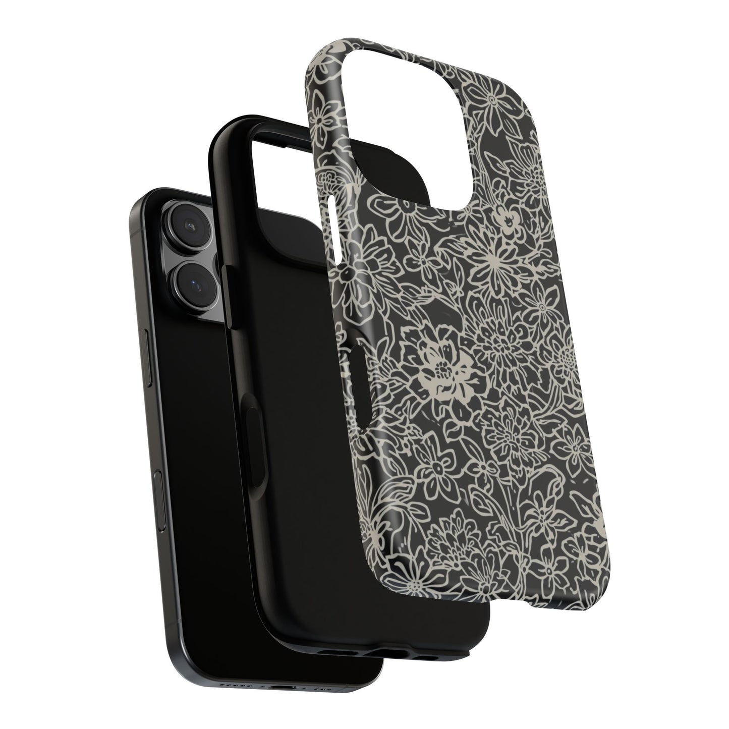 Floral Doodle Tough Phone Case — Black & White Sketch Flower Protective Cover