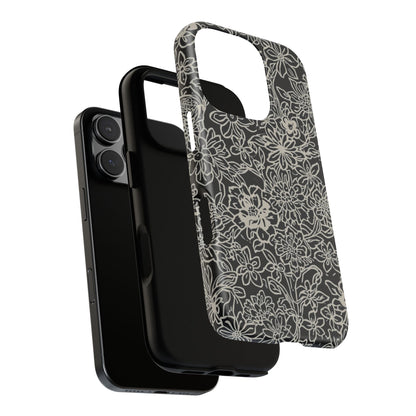 Floral Doodle Tough Phone Case — Black & White Sketch Flower Protective Cover