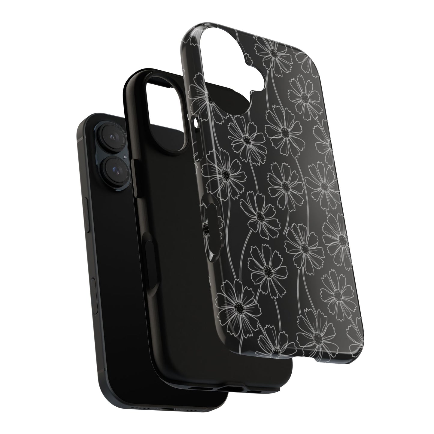 Floral Doodle Tough Phone Case — Black & Gray Daisy Pattern