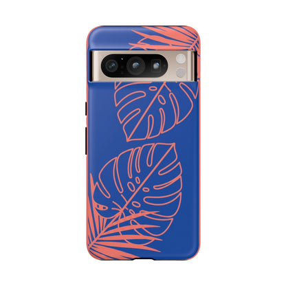 Tropical Monstera Phone Case — Blue & Coral Leaf Protective Cover