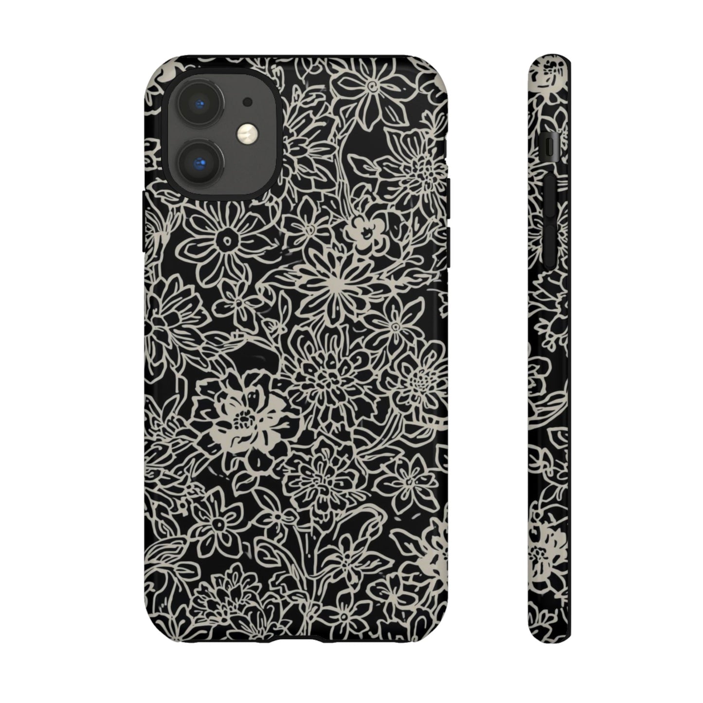 Floral Doodle Tough Phone Case — Black & White Sketch Flower Protective Cover