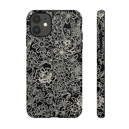 Floral Doodle Tough Phone Case — Black & White Sketch Flower Protective Cover