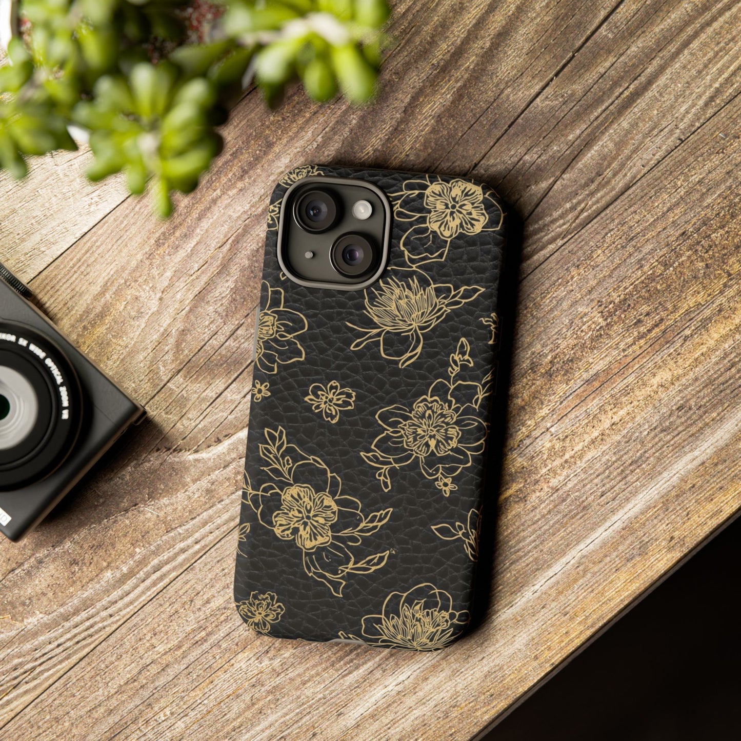 Floral Leather Phone Case — Gold Outline Flowers on Black Tough Case
